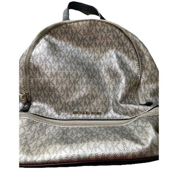 Michael Kors Mini Backpack MK Signature Women’s Leather Black Metallic Silver - Picture 1 of 16